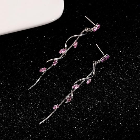 El Regalo Long Copper Zirconia Rhinestone Leaf Drop Dangle Earrings for Women | Korean Style Vine Fringe Earrings | Classy Party, Wedding & Casual Earrings Jewelry (Pink Silver)