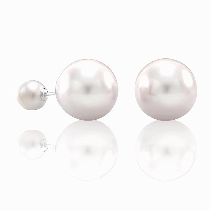 El Regalo 2 Pairs Pearls Earrings- Front & Back Double Sided Small & Big Simulated Pearl (White & Grey) Stud Earrings for Girls & Women