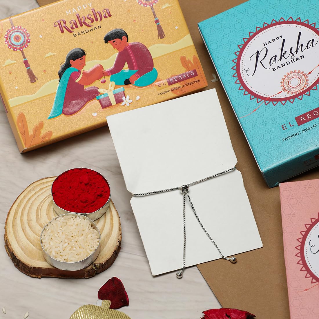 El Regalo 1PC Auspicious CZ Shell Bracelet Chain Rakhi for Brother- Designer Sankh Rakhi with Roli Chawal, Message Card in Rakhi Gift Box for Bhaiya/Bhabhi/Niece or Nephew