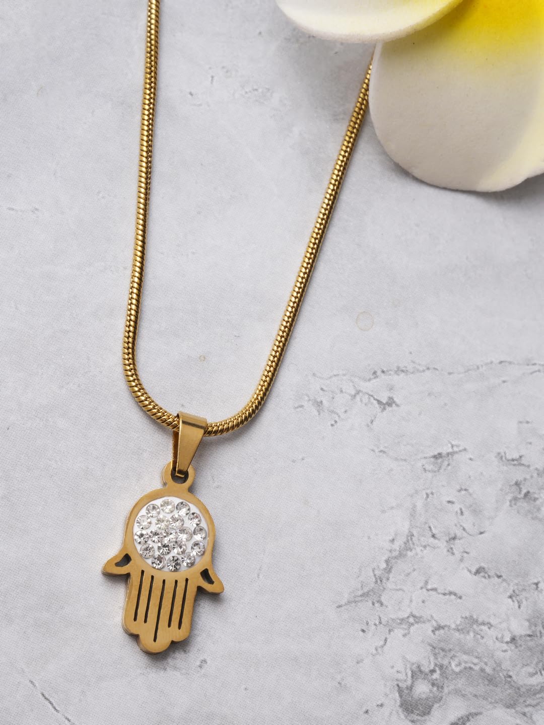 El Regalo Stainless Steel CZ Hamsa Hand Unisex Pendant Necklace for Men/Women- Gold Plated, Anti Tarnish Luxury Hamsa Hand Chain Necklace