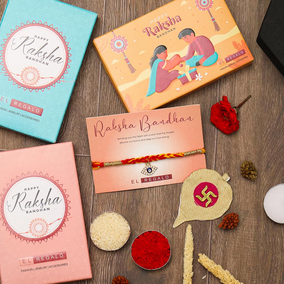 El Regalo 1 PC Moli Rakhi for Bhaiya - Rakshabandhan Moli Charms Rakhi with Message Card & Roli Chawal Shagun in Rakhi Box (Evil Eye Moli Rakhi-3)