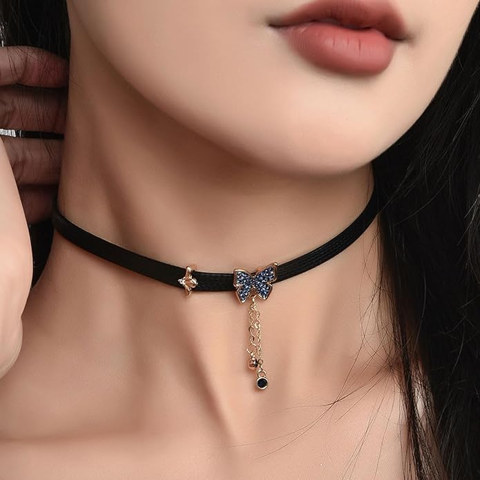 El Regalo Western Cubic Zirconia Butterfly Tassel Choker Necklace for Girls/Women- Black Faux Leather Collar Necklace with Butterfly