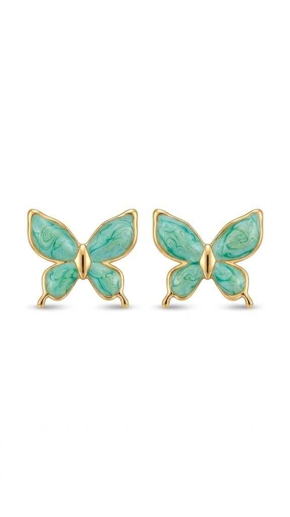 El Regalo Luxurious Oil Drip Stainless Steel Butterfly Stud Earrings for Women & Girls - Minimalist 18K Gold Plated Aesthetic Enamel Butterfly Jewelry for Daily, Party & Gifting (Teal Green)