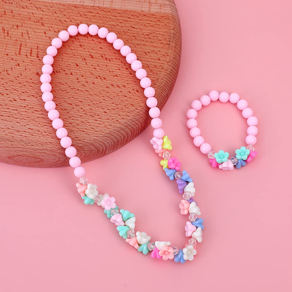 El Regalo 2 PCs Kids Girls Colorful Jewelry Sets - Kids Candy Color Beads Necklace & Bracelets Jewelry Sets for kids Girls & Toddlers (Multi Flower Pink Set)