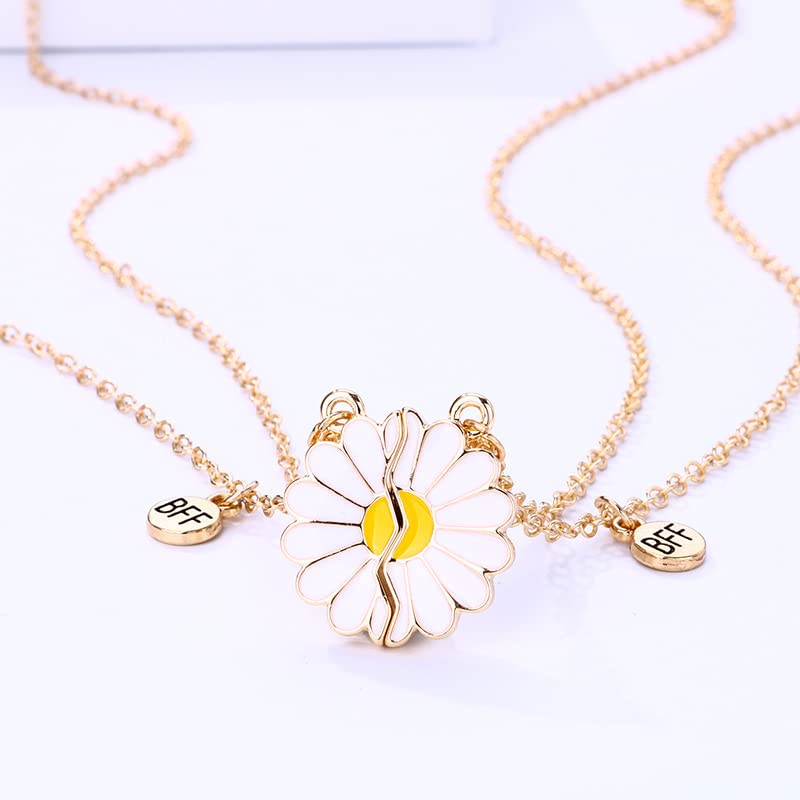 El Regalo 2 Pcs Bff Best Friend Forever Split Magnetic Matching Pendant Necklaces Set- Heart, Flower, Swan Etc Pendant Friendship Necklaces For Girls (Bf Flower Gold)