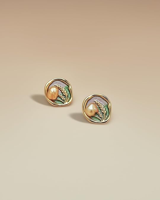 El Regalo 3D Enameled Irregular Pearl Stud Earrings for Women & Girls - Vintage Boho Artistic Gold Plated Floral Earrings, Unique Handmade Baroque Pearl Ear Studs