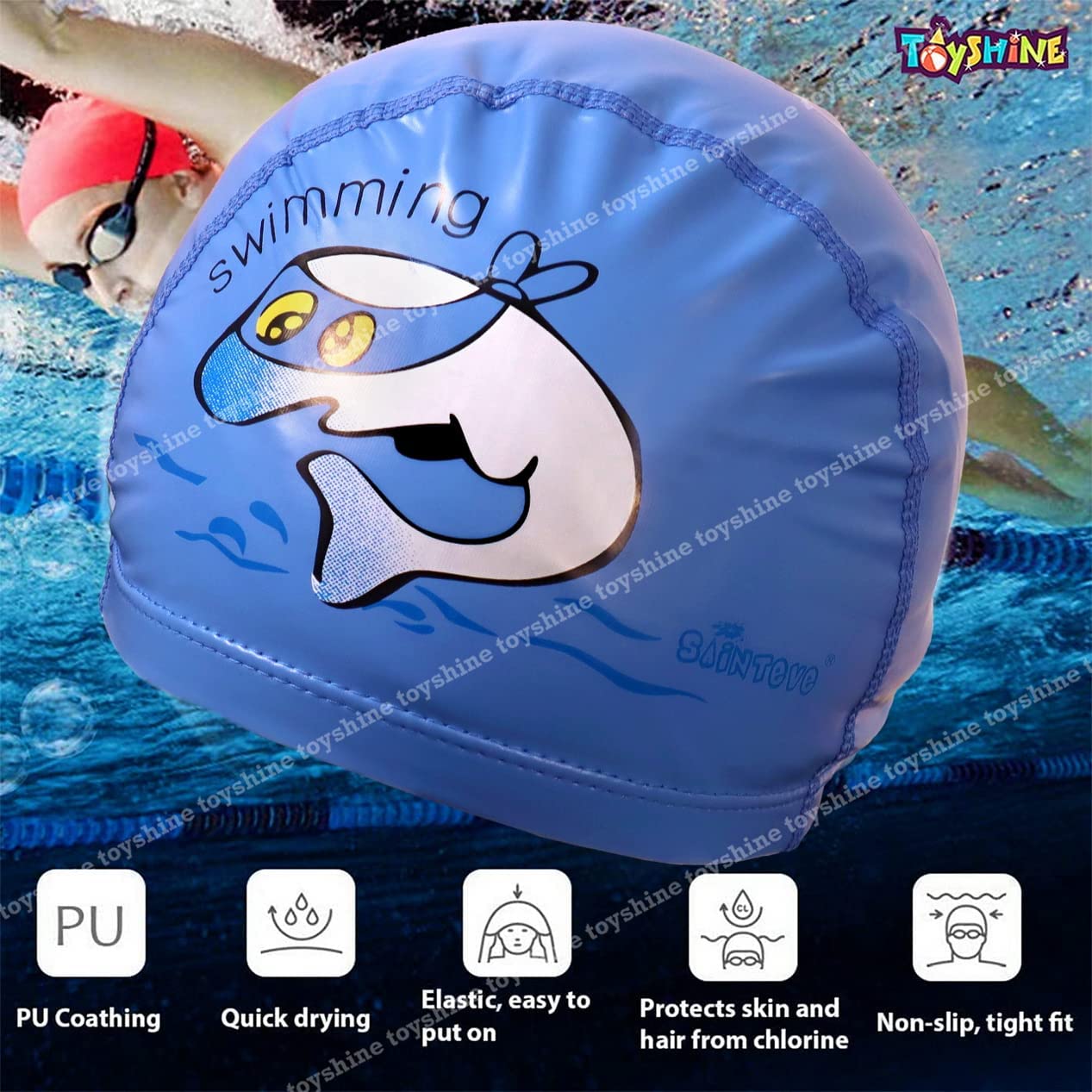 El Regalo Waterproof Swim Cap for Kids Boys Girls, Cute Cartoon PU/Silicone No-Slip Swimming Bathing Cap for Children Long Short Hair, Non-Toxic,Flexible Swim Caps Hat (Fish Blue)