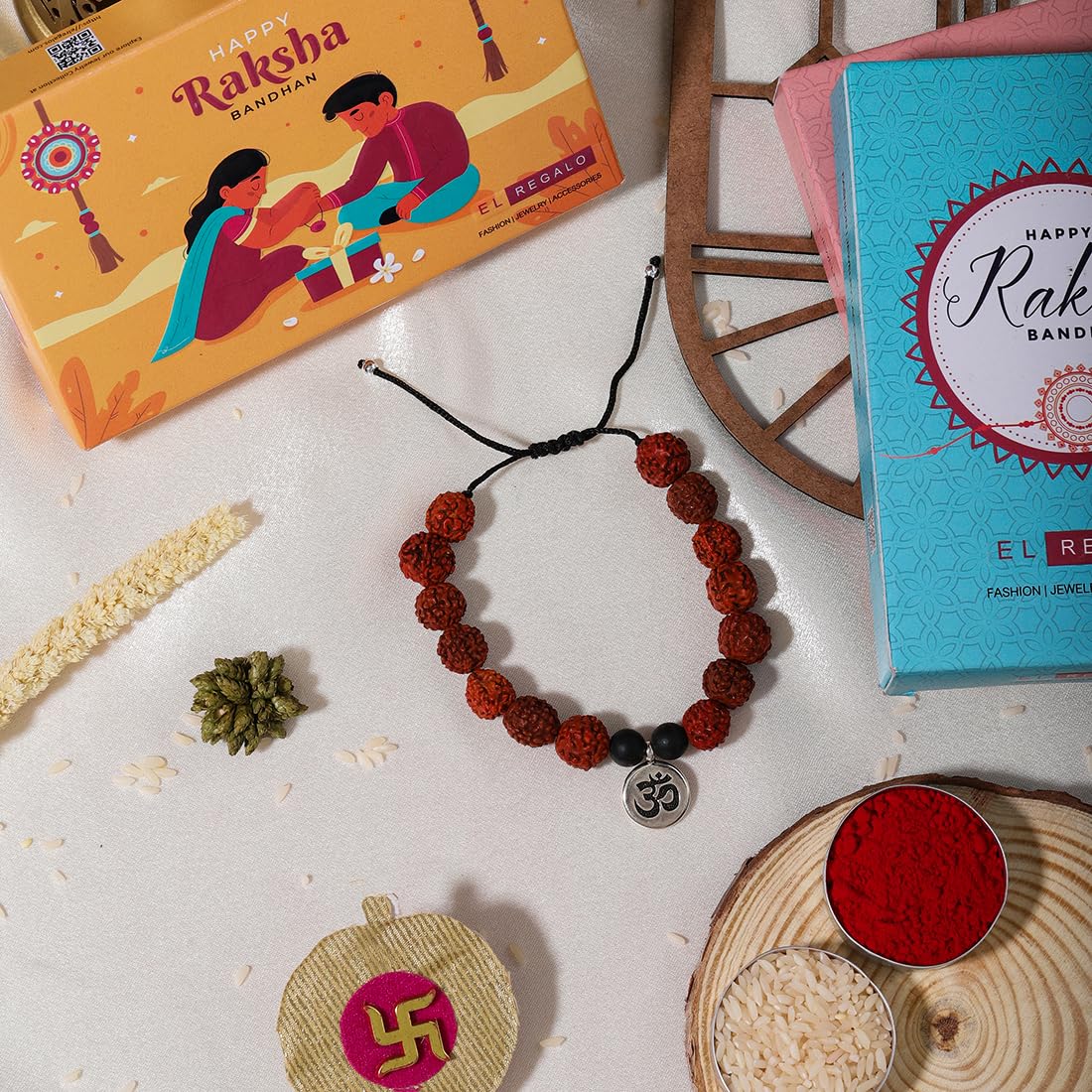 El Regalo 1PC Auspicious Natural Rudraksha & Lava Beads Rakhi for Brother- Designer Rudraksha Beads Rakhi with Roli Chawal, Rakhi Message Card in Rakhi Gift Box (Silver OM)