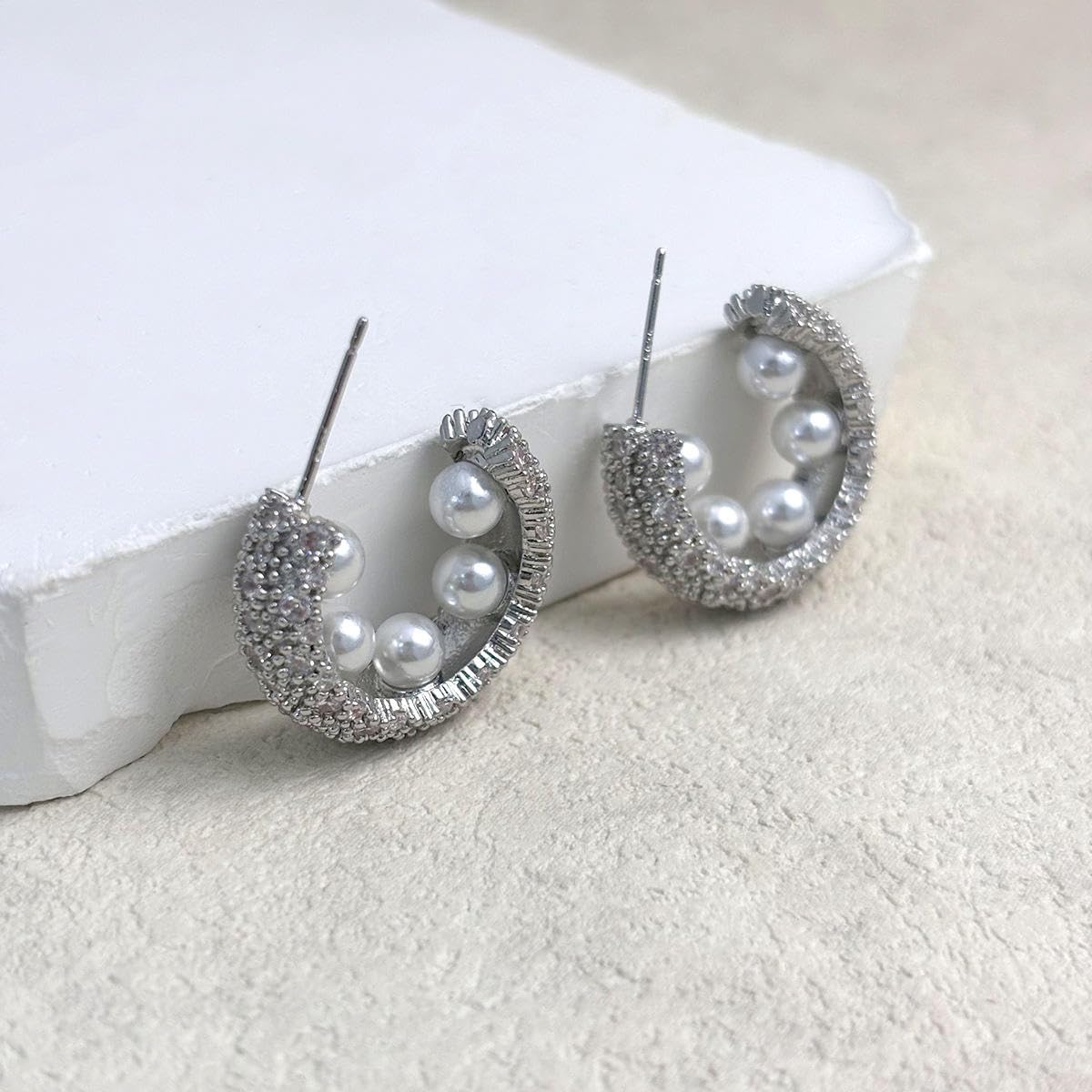El Regalo Luxury Pearl & Zircon C Half Hoop Earrings for Women - 14K Gold Plated Pave Crystal Studs | Elegant Party Jewellery | Ideal Gift for Anniversary, Wedding & Birthdays (Silver)