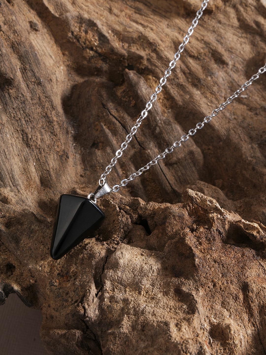 El Regalo 1PC Natural Stones Pointed Pendulum Unisex Pendant Necklace- Natural Healing Stones Peandant Chain Necklaces- Reiki healing/Feng shui (Black Onyx)