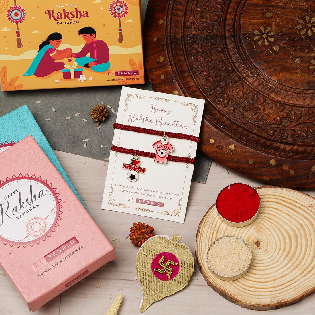 El Regalo Quirky 2PC Sports Rakhi for Kids | 2 Sport Balls Rakhis Combo Set for Brother/Niece/Nephew- Rakhi for Sports Lovers Bhai with Roli-Chawal, Message Card in Rakhi Gift Box (Option-7)