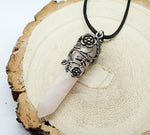 El Regalo 1PC Flower Wrapped Hexagonal Healing Natural Stones Point Pendant Unisex Necklace- Natural Stones Reiki Healing Crystals Necklace in Antique Silver Finish (Pink-Rose Quartz-Cord)
