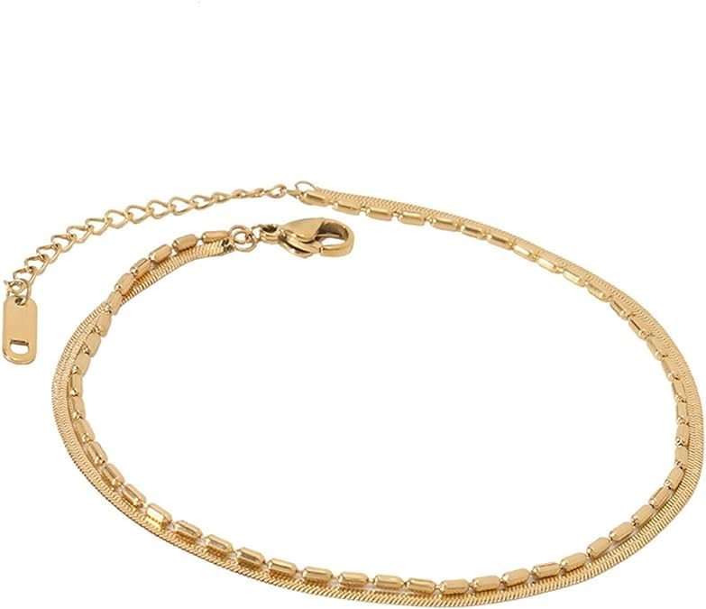 El Regalo Stainless Steel Double Layers 1 Leg Anklet - 1PC Anti-Tarnish, Waterproof Anklets for Girls & Women (Style-3)