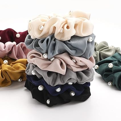 El Regalo 3 PCs Satin Silk Pearls Hair Scrunchies for Women/Girls- No Damage Silk Hair Ties with Delicate Pearls - Soft, Smooth & Shiny Hair Accessories (Color option-2)