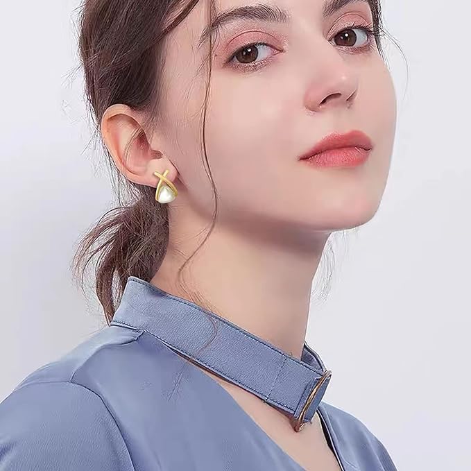 El Regalo Classic Cross Pearl Stud Earrings - Modern Geometric Triangle Design with Faux Pearls - Lightweight and Comfortable- Elegant Gift for Women
