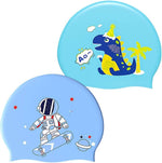 El Regalo 2 PCs Kids Swimming Caps Set- Silicone Swimming Hat for Girls Boys Waterproof Bathing Caps for Long & Short Hair with Unicorn, Astronaut, Heart, Fairy Mermaid (Dinosaur & Astronaut)