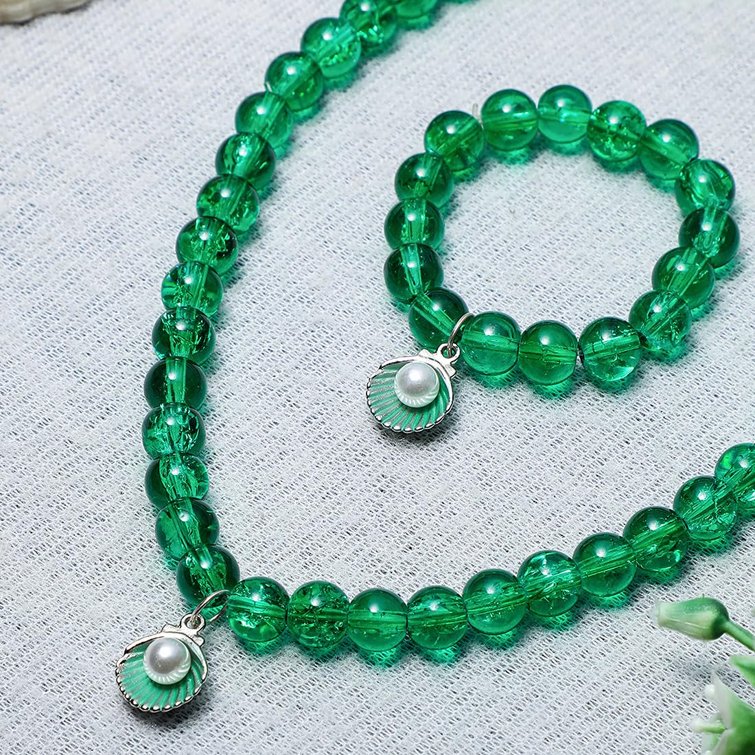 El Regalo 2 PCs Resin Shell Pendant Colorful Sparkly Crackle Beads Pendant Necklace & Bracelet Set for Kids/Girls- Christmas/Birthday Gift for Girls Kids (Green)