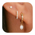 El Regalo 3 Pairs Cartilage Earrings Set for Women & Girls | Gold Plated Pearl Hoop Earrings Combo | Cute Huggie Hoop & Pearl Drop Earrings | Helix, Lobe & Cartilage Earrings Pack