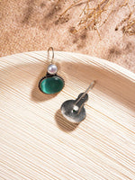 El Regalo 1Pair Cute Oxidized 925 Silver Plated Pearl & Stones Hook Earrings for Girls/Women- Silver Lookalike Handmade Oxidized Brass Hook Traditional Earrings with Stones & Pearls (Green)