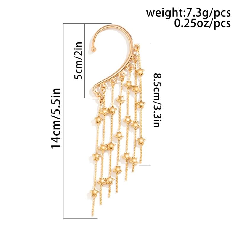 El Regalo Long Tassel Elf Ear Cuff Earrings for Women - Non Piercing Crawler Ear Wrap Bollywood Chandelier Dangle Earrings - Fairy Star & Spike Ear Clips (Stars Tassel)