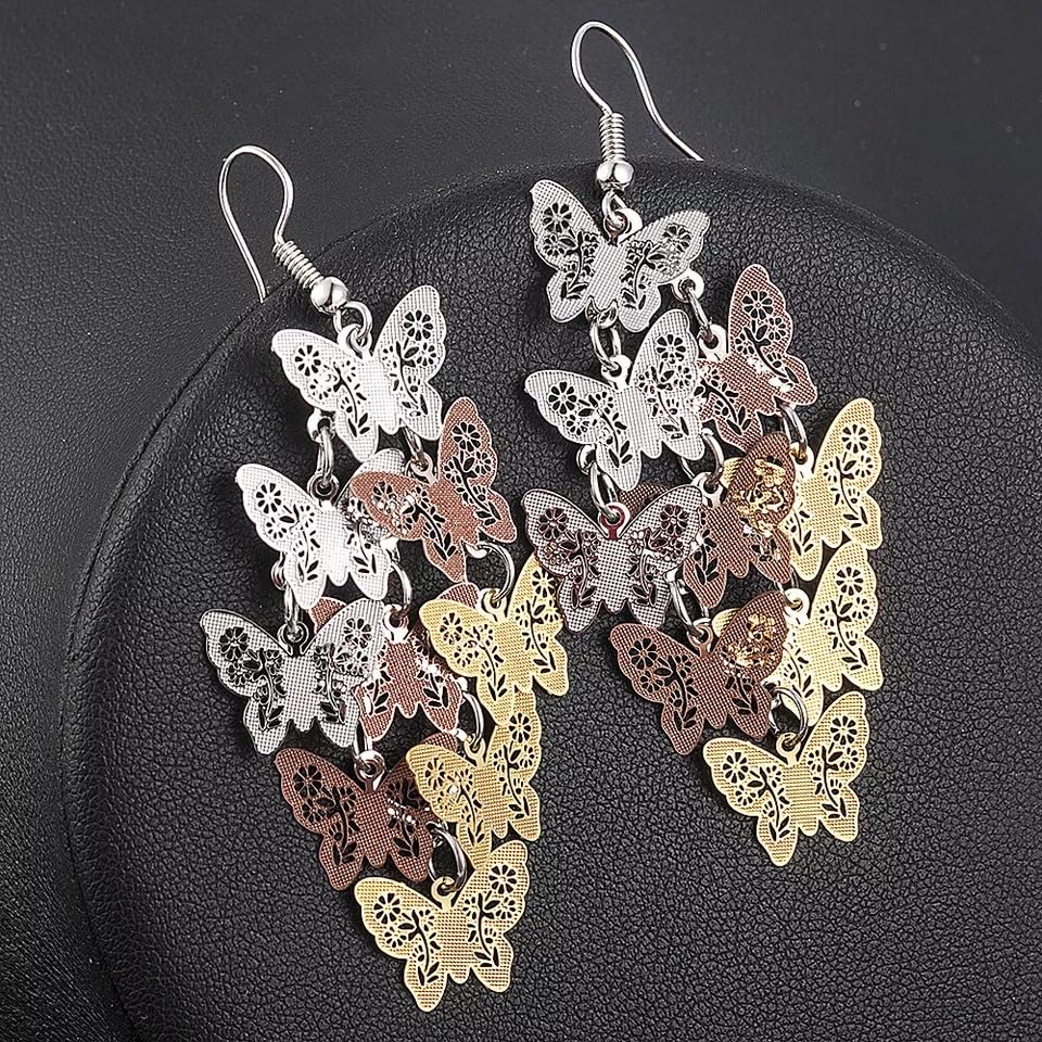 El Regalo Women's & Girl's Butterfly Earrings Mix Color Bohemia Style Long Drop Dangle Hook Earrings, Fashion Style Butterfly Earrings (Gradient Gold)