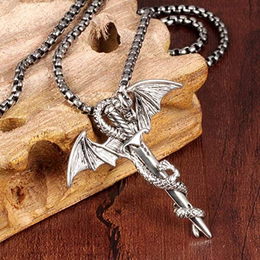 El Regalo Hip Hop Creative Sword Wing Dragon Pendant Chain Necklace for Boys/Men (Silver Sword)