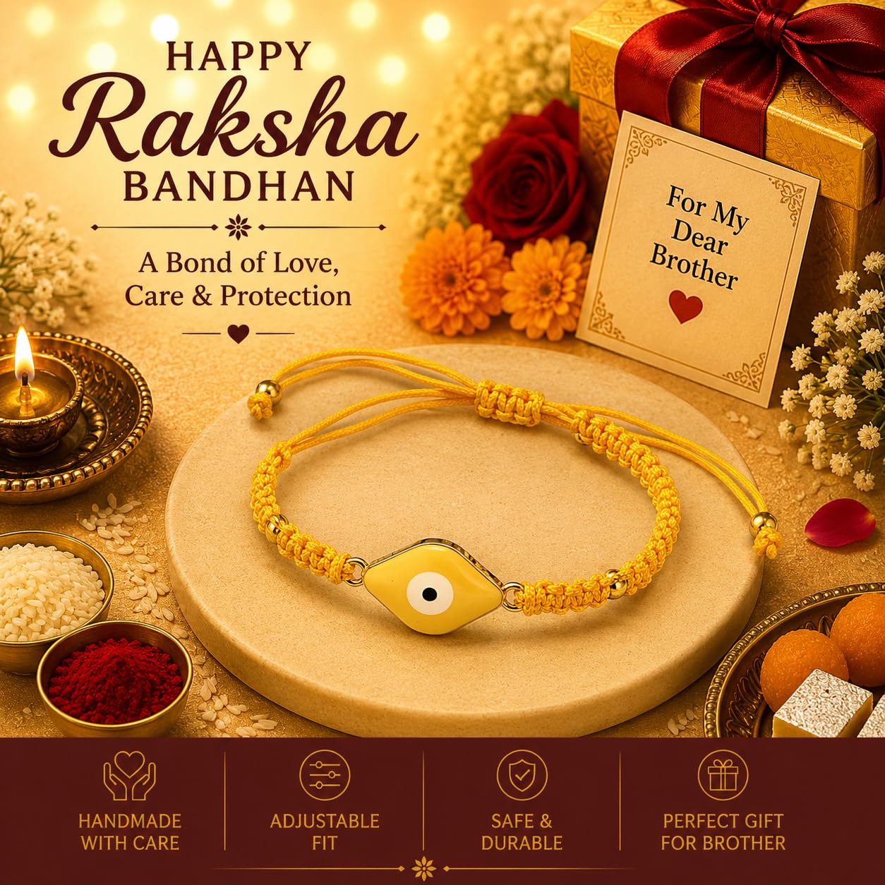 El Regalo Evil Eye Bracelet Rakhi for Brother with Roli Chawal in Gift Box (Yellow)