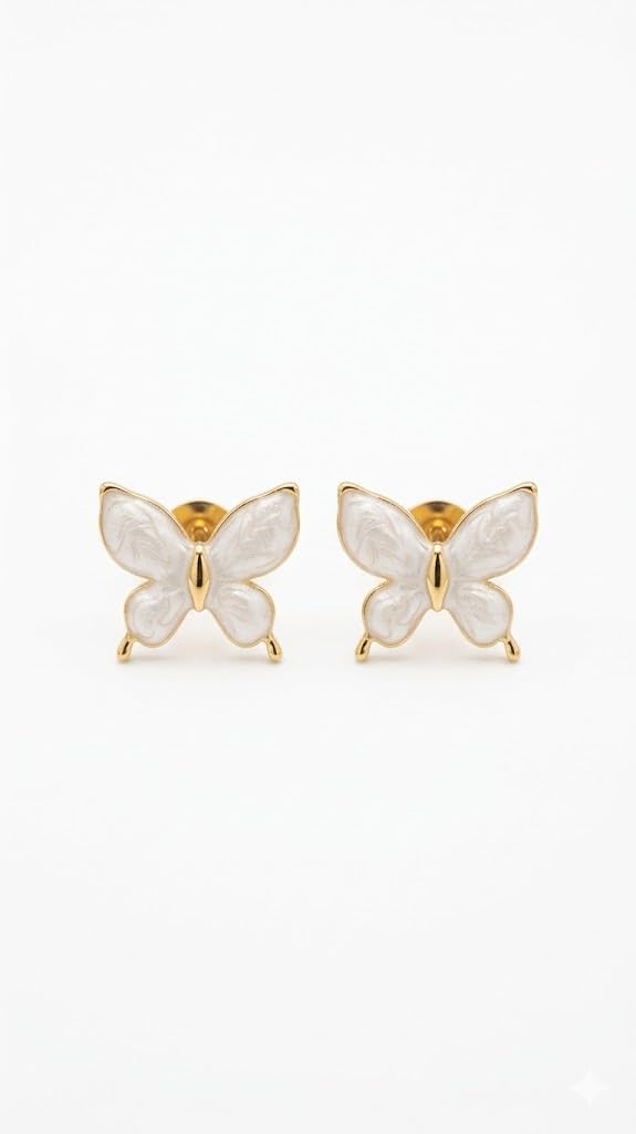 El Regalo Luxurious Oil Drip Stainless Steel Butterfly Stud Earrings for Women & Girls - Minimalist 18K Gold Plated Aesthetic Enamel Butterfly Jewelry for Daily, Party & Gifting (White)