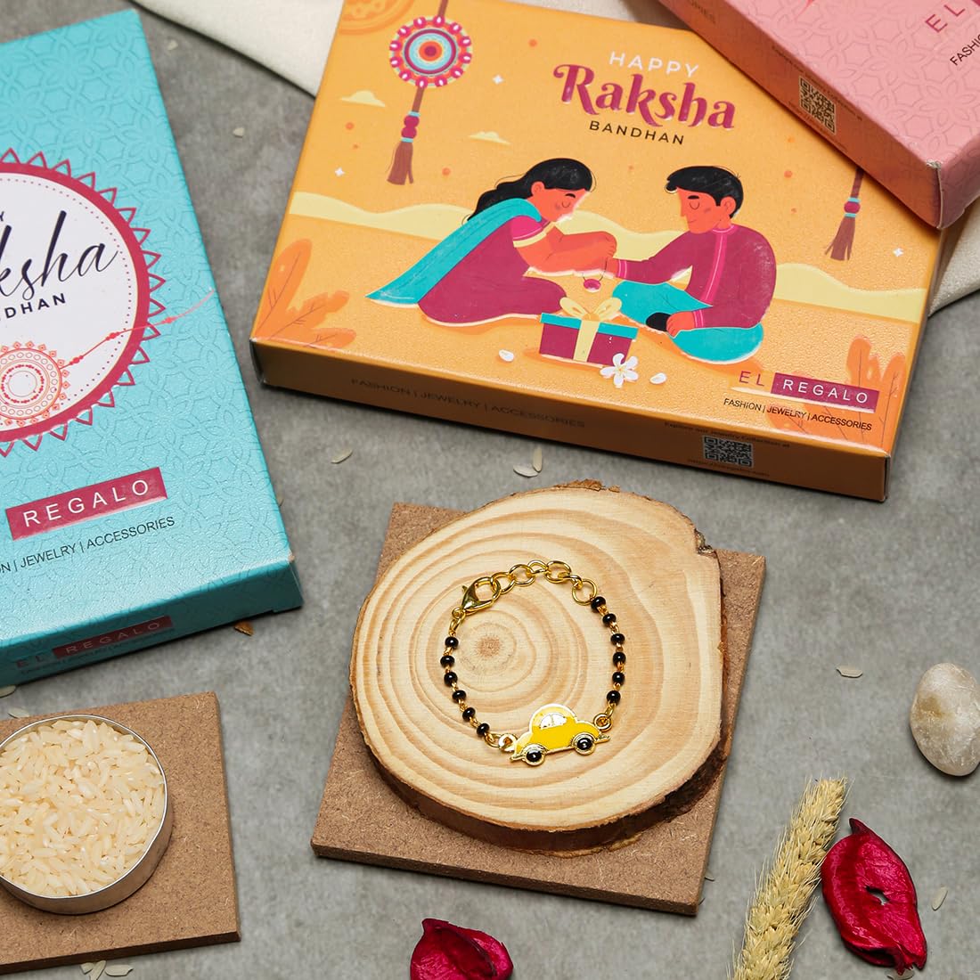 El Regalo 1PC Cute Kids Nazaria Rakhi for Little Brother - Kids Chrams Nazaria Rakhis for Babies/Toddlers with Roli Chawal, Rakhi Message Card in Rakhi Gift Box (Yellow Car Nazaria)
