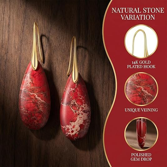 El Regalo Elegant Natural Stone Drop Earrings for Women | Vintage Teardrop Boho Dangle Earrings | Anti-Tarnish Western Statement Jewellery for Girls & Women (Red Gold)