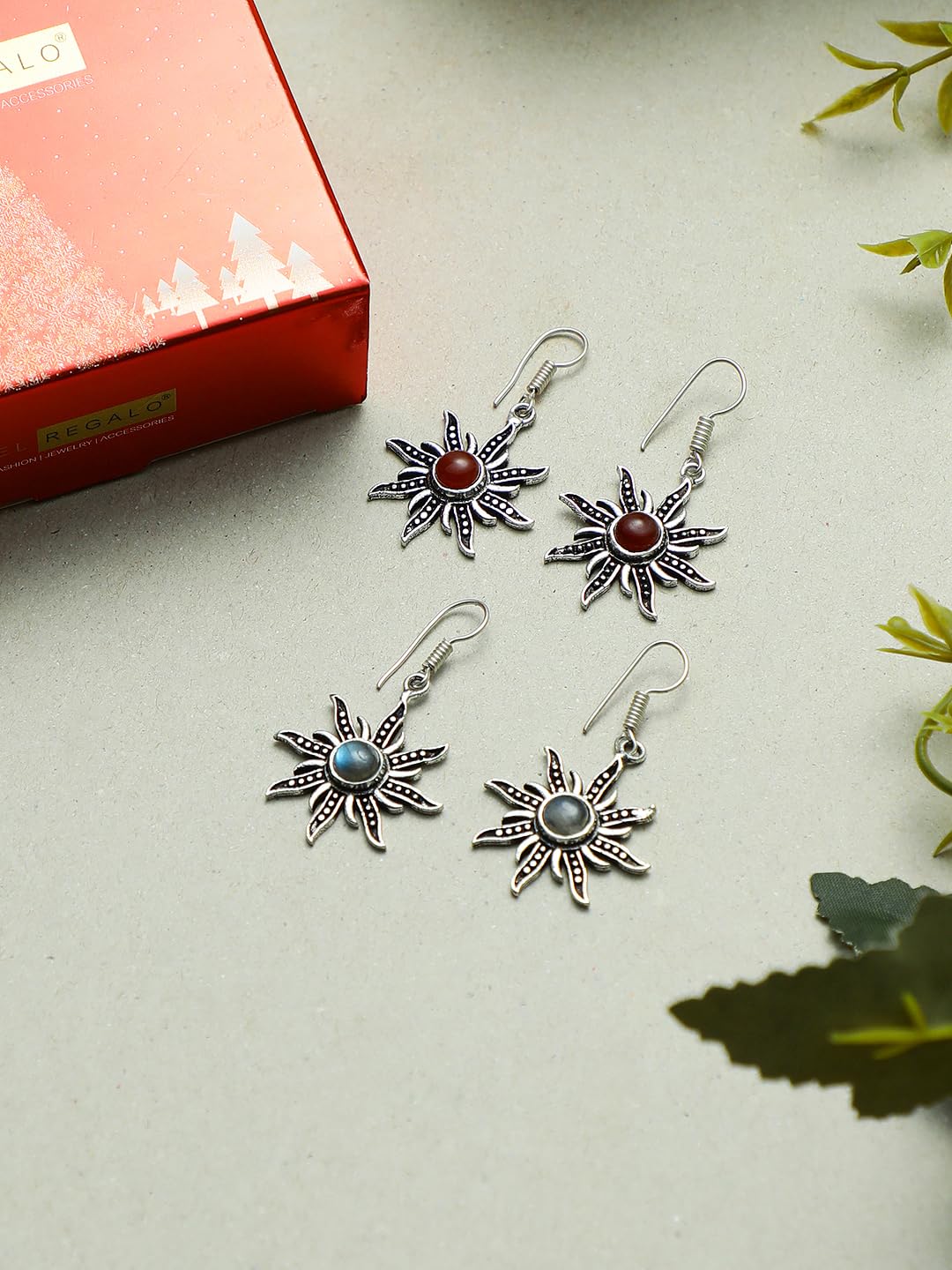 El Regalo Women's & Girl's 2 Pairs Of Contemporary Surya (Sun) Earrings With Natural Stones- Gift For Her (Option-2)