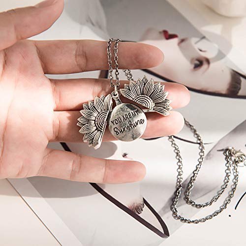 El Regalo "You Are My Sunshine" message Sun Flower Openable Pendant Necklace for Girls & Women (Metallic Silver)- Valentines Day Gift