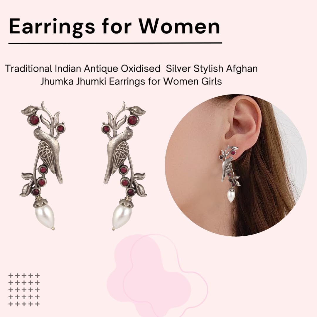 El Regalo Oxidized Bird Earrings with Pearl- Handmade Silver Replica Brass Earrings in Antique Silver Finish for Girls & Women