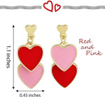 El Regalo 1 Pair Double Love Heart Drop Earrings- Valentine's Day Gift- Two Tone Oil Drop Heart Dangle Earrings for Girls & Women (Red + Pink)