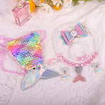 El Regalo 6-Piece Mermaid Princess Girls Kids Dress Up Jewelry Gift Box Set - Sequins Mermaid Tail Coin Purse Necklace Bracelet Ring Pearl Earrings Gifts for Girls (Shiny Pink Mermaid Jewelry Set)