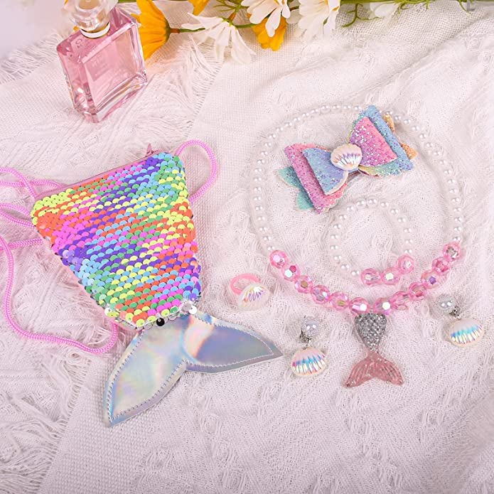El Regalo 6-Piece Mermaid Princess Girls Kids Dress Up Jewelry Gift Box Set - Sequins Mermaid Tail Coin Purse Necklace Bracelet Ring Pearl Earrings Gifts for Girls (Shiny Pink Mermaid Jewelry Set)