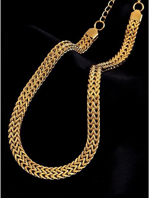 El Regalo Titanium Stainless Steel Flat Cuban Chain Link Braided Choker Chain Necklace for Women Teen- Gold Anti Tarnish Chunky Snake Choker Elegant Jewelry