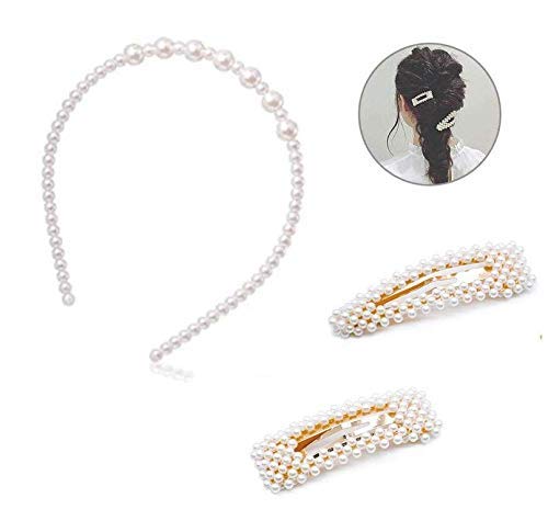 El Regalo 3 PCs Pearl Hairband & Pearl Hair Clips Combo | Decoration Hair Band Headband for Kids, Girls and women | Bridal Fancy Party Wedding Pearls Hairbands & Clips (Pearl Hairclips & Hairband-1)