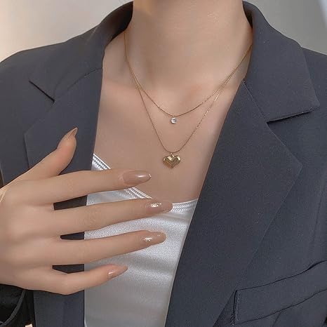 El Regalo Women & Girls Stainless Steel Double Layer Heart & Crystal Pendants Necklace- Glamorous Anti Tarnish Yabi Wind Double Clavicle Chain Female Love Pendant Necklace