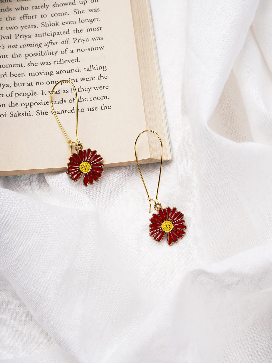 El Regalo Beautiful Enamel Flowers Long Hook Earrings for Women/Girls - Delicate Cute Flowers Charms Hook Earrings (Red Flower)