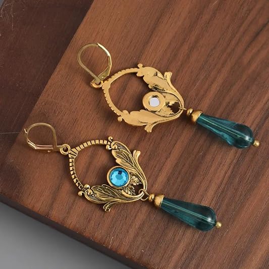 El Regalo Vintage Carved Ethnic Dangle Earrings for Women & Girls, Gold-Tone Boho Drop Earrings with Blue Crystal Teardrop, Party, Festive & Wedding Jewellery