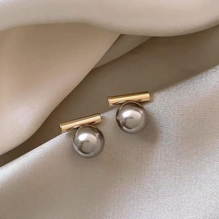 El Regalo 1pair Copper Imitation Faux Pearl Grey Color for Girls & Women- Elegant, Western Versatile Pearls Stud Earrings (Gold)