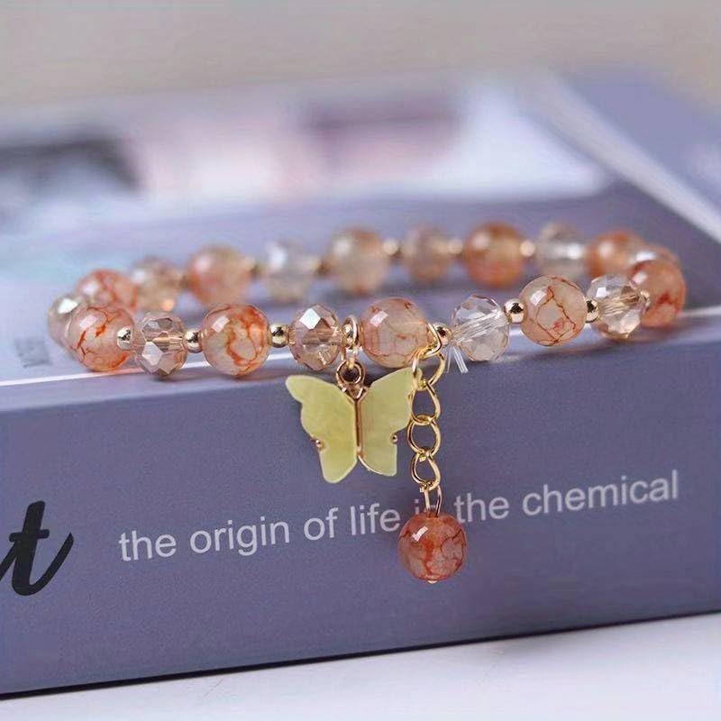 El Regalo 1 PC Butterfly Sparkly Crystal Beads Tassel Bracelet With Cute Enamel Butterfly Charms for Girls/Teens/Women (Yellow)