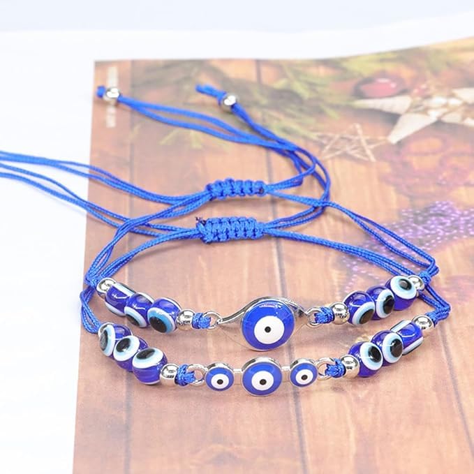 El Regalo 6PCs Cute CZ Evil Eyes Braided Bracelet Set for Women, Men, Girls, boys - Crystal Love Blue Evil Eyes Braclets