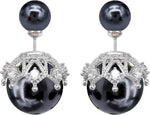 El Regalo Beautiful Double Sided Pearl Earrings for Women - Elegant Crown Rhinestone Front Back Studs | Korean Style Moti Earrings (Black Silver)