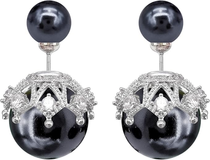 El Regalo Beautiful Double Sided Pearl Earrings for Women - Elegant Crown Rhinestone Front Back Studs | Korean Style Moti Earrings (Black Silver)