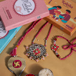 El Regalo Designer Bhaiya- Bhabhi Rakhi Luma/Lumba Set- Kundan, Pearls Rakhi with Roli Chawal in Gift Box- Luma Convertible into Necklace (Option-1)