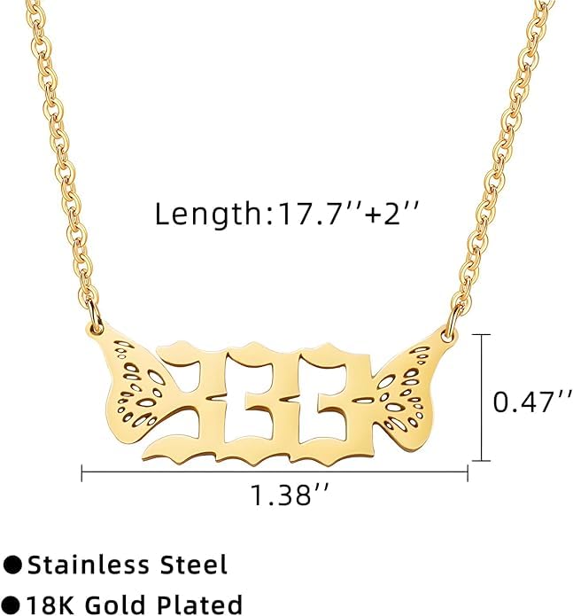 El Regalo Small Butterfly Wings Angel Number Necklace- Stainless Steel, Anti Tarnish, Angel Number Numerology Jewelry for Women & Girls (Angel Number 333)