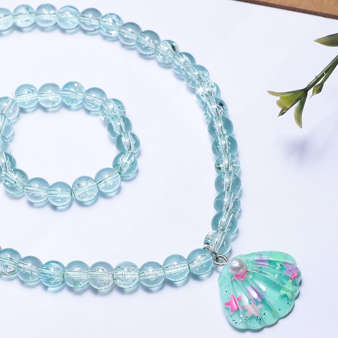 El Regalo 2 PCs Resin Shell Pendant Colorful Sparkly Crackle Beads Pendant Necklace & Bracelet Set for Kids/Girls- Christmas/Birthday Gift for Girls Kids (Ocean Blue)