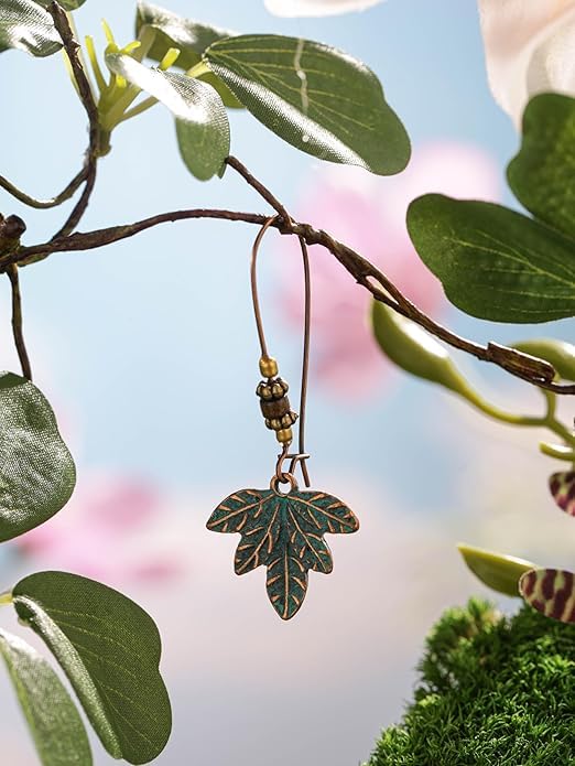 El Regalo Bohemian Antique Leaf Hook Earrings - Patina Finish Nature Inspired Dangle Earrings with Wooden & Bead Accents (Style-1)